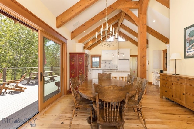 526 Chief Joseph, Big Sky, MT 59716 - dining area with beamed ceiling, light wood-type flooring, high vaulted ceiling, and recessed lighting