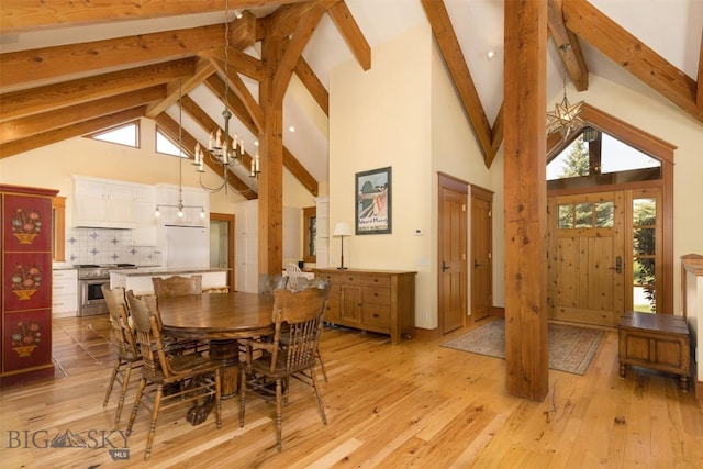 526 Chief Joseph, Big Sky, MT 59716 - dining space featuring beamed ceiling, high vaulted ceiling, a chandelier, and light wood-style flooring