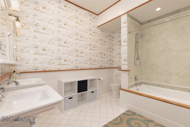 526 Chief Joseph, Big Sky, MT 59716 - bathroom with wallpapered walls, tile patterned flooring, wainscoting, bathtub / shower combination, and ornamental molding