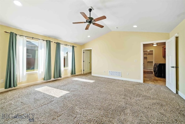 1705 Ingomar Blvd, Belgrade, MT 59714 - unfurnished bedroom with vaulted ceiling, carpet floors, recessed lighting, and ceiling fan