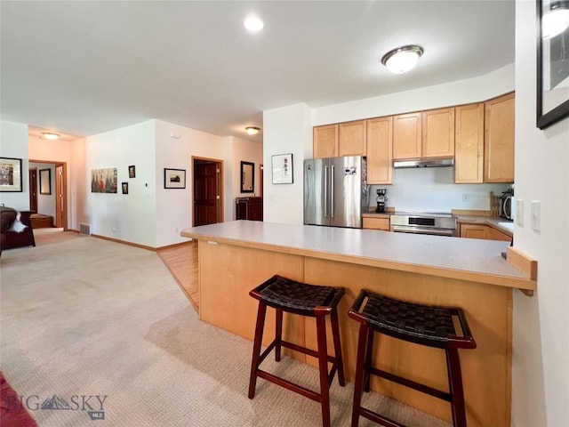 1031 Boylan, Bozeman, MT 59715 - kitchen with appliances with stainless steel finishes, under cabinet range hood, a peninsula, and a kitchen bar