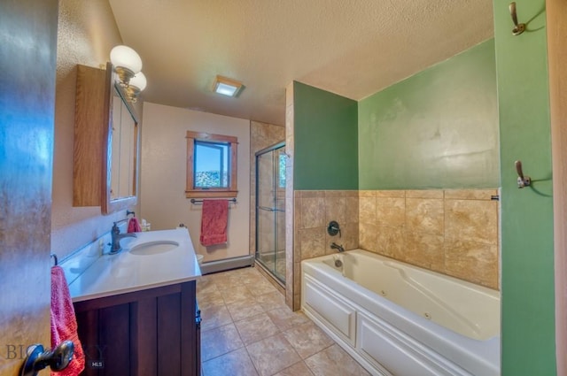 8799 Huffman Ln, Bozeman, MT 59715 - full bath featuring vanity, a shower stall, a whirlpool tub, a textured ceiling, and baseboard heating