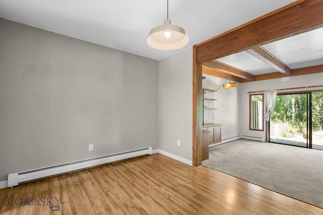 2020 S Rouse Unit 7, Bozeman, MT 59715 - empty room featuring baseboard heating, beam ceiling, a baseboard heating unit, and wood finished floors