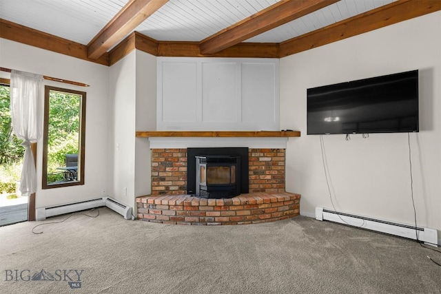 2020 S Rouse Unit 7, Bozeman, MT 59715 - unfurnished living room with a baseboard heating unit, carpet floors, a fireplace, and a wood ceiling with exposed beams