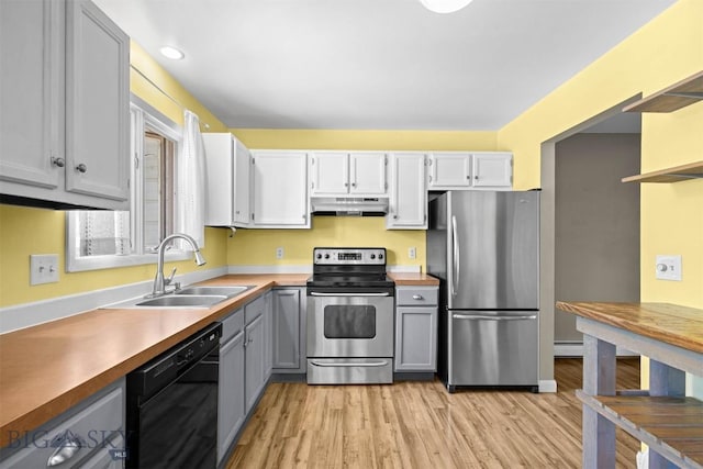 2020 S Rouse Unit 7, Bozeman, MT 59715 - kitchen with appliances with stainless steel finishes, under cabinet range hood, gray cabinetry, light wood finished floors, and light countertops