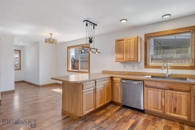 616 W Adams St, Three Forks, MT 59752 - kitchen featuring stainless steel dishwasher, a peninsula, healthy amount of natural light, dark wood-style floors, and recessed lighting