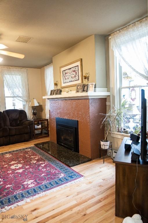 300 Holmes, Butte, MT 59701 - living area featuring light wood-style floors, ceiling fan, and a premium fireplace