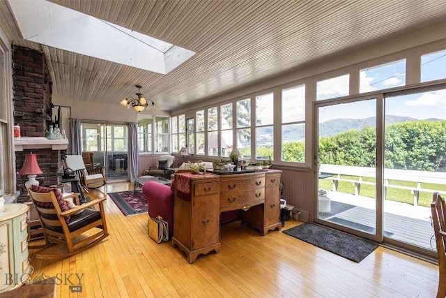 300 Holmes, Butte, MT 59701 - living area with a skylight, a mountain view, light wood-style floors, a fireplace, and wood ceiling