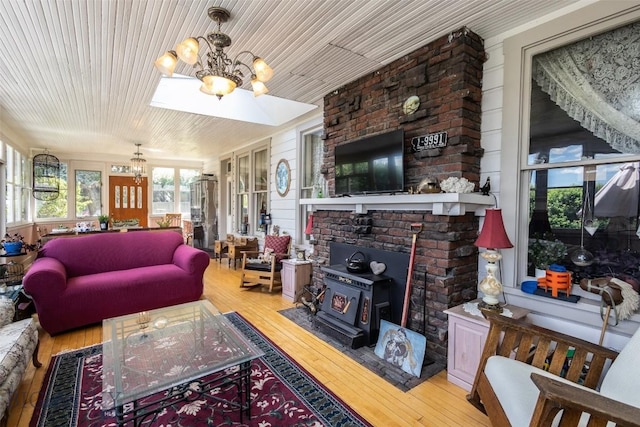 300 Holmes, Butte, MT 59701 - living area featuring a chandelier, hardwood / wood-style flooring, a wood stove, and wood ceiling