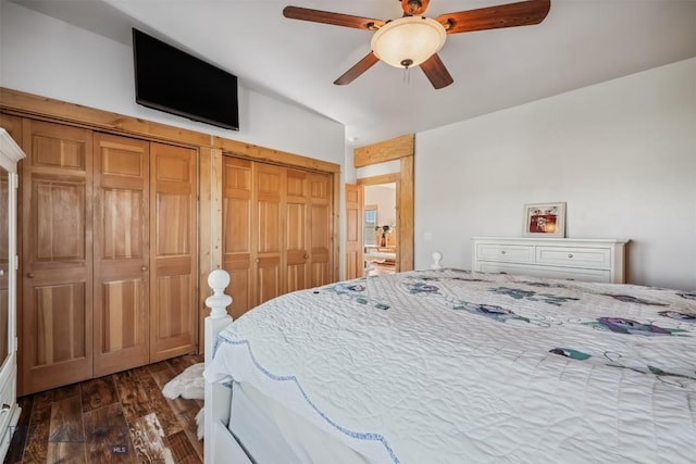 219 Rolling Glen Ranch Loop, Three Forks, MT 59752 - bedroom featuring dark wood-type flooring, multiple closets, vaulted ceiling, and ceiling fan