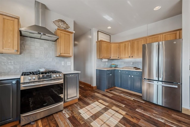 219 Rolling Glen Ranch Loop, Three Forks, MT 59752 - kitchen featuring stainless steel appliances, wall chimney exhaust hood, light countertops, dark wood-style floors, and recessed lighting