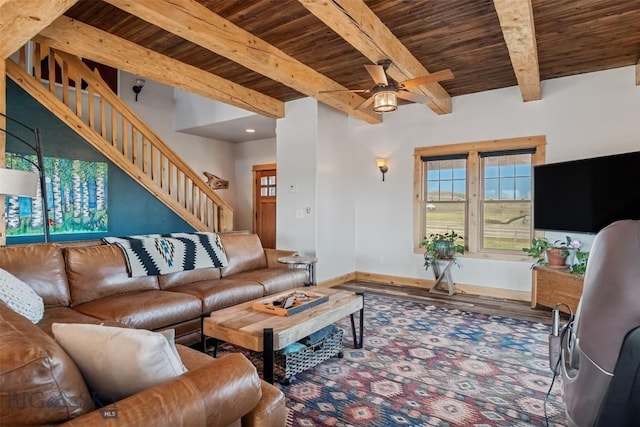 219 Rolling Glen Ranch Loop, Three Forks, MT 59752 - living room featuring a wood ceiling with exposed beams, wood finished floors, ceiling fan, stairway, and recessed lighting