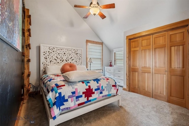 219 Rolling Glen Ranch Loop, Three Forks, MT 59752 - carpeted bedroom with lofted ceiling, a closet, and a ceiling fan