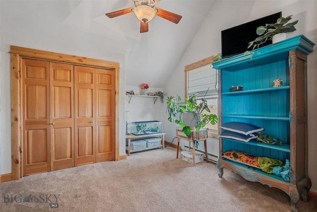 219 Rolling Glen Ranch Loop, Three Forks, MT 59752 - sitting room with lofted ceiling, ceiling fan, and carpet flooring