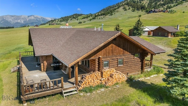 3500 Jackson Creek Rd, Bozeman, MT 59715 - back of house featuring log siding, a mountain view, and roof with shingles