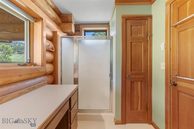 3500 Jackson Creek Rd, Bozeman, MT 59715 - bathroom with rustic walls and a stall shower