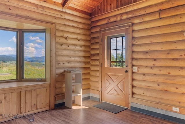 3500 Jackson Creek Rd, Bozeman, MT 59715 - entryway with wood ceiling, wood finished floors, rustic walls, a sauna / steam room, and lofted ceiling