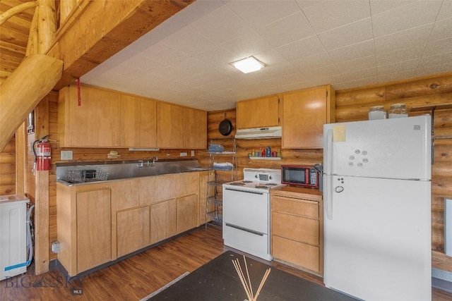 3500 Jackson Creek Rd, Bozeman, MT 59715 - kitchen featuring white appliances, rustic walls, under cabinet range hood, dark wood finished floors, and light brown cabinets