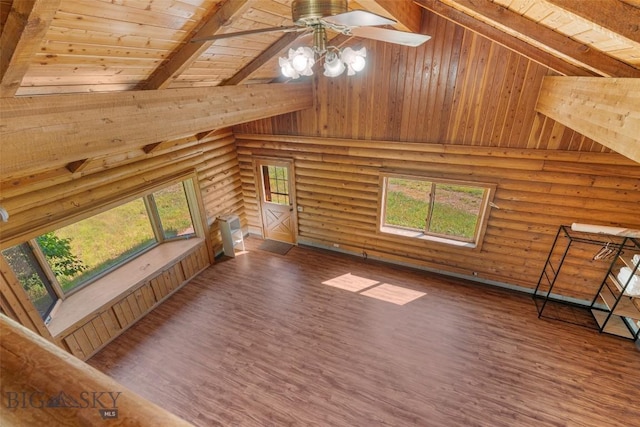 3500 Jackson Creek Rd, Bozeman, MT 59715 - bonus room featuring rustic walls, high vaulted ceiling, a wooden ceiling with exposed beams, wood finished floors, and ceiling fan