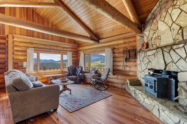 3500 Jackson Creek Rd, Bozeman, MT 59715 - living room featuring a mountain view, wooden ceiling, wood-type flooring, a wood stove, and log walls