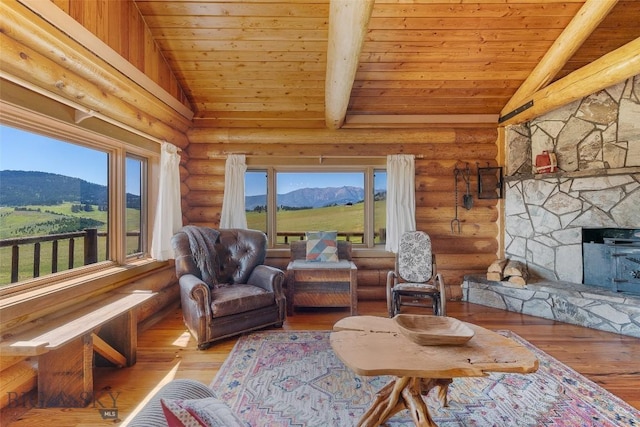 3500 Jackson Creek Rd, Bozeman, MT 59715 - living room featuring a mountain view, wooden ceiling, log walls, healthy amount of natural light, and wood-type flooring