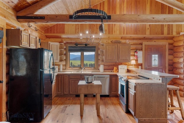 3500 Jackson Creek Rd, Bozeman, MT 59715 - kitchen with stainless steel appliances, a peninsula, light countertops, wooden ceiling, and rustic walls