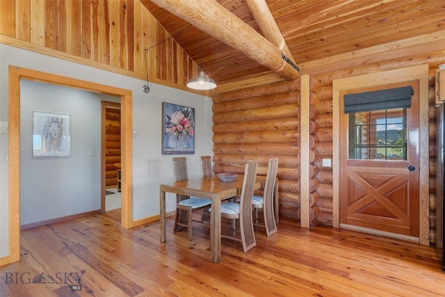 3500 Jackson Creek Rd, Bozeman, MT 59715 - dining area with log walls, wooden ceiling, and light wood-type flooring