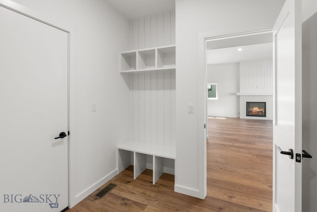 2809 S 30th Ave, Bozeman, MT 59718 - mudroom with wood finished floors, a large fireplace, and recessed lighting