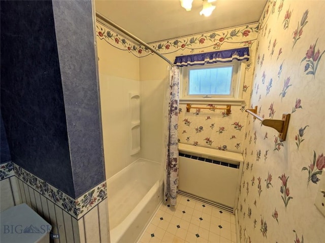 944 Placer, Butte, MT 59701 - full bath featuring radiator heating unit, wallpapered walls, shower / tub combo, tile patterned flooring, and wainscoting