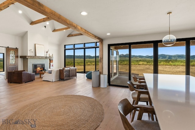 120 Horseshoe Loop, Harrison, MT 59735 - living room with light wood-style flooring, healthy amount of natural light, recessed lighting, a glass covered fireplace, and a mountain view