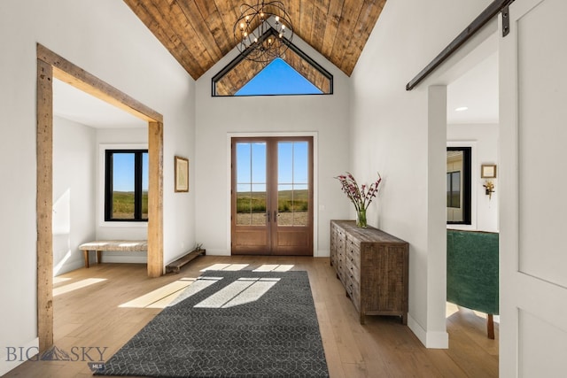 120 Horseshoe Loop, Harrison, MT 59735 - foyer entrance with wooden ceiling, healthy amount of natural light, light wood-type flooring, french doors, and high vaulted ceiling