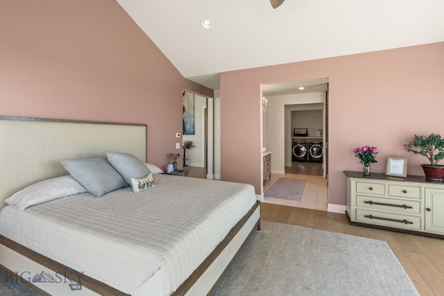 120 Horseshoe Loop, Harrison, MT 59735 - bedroom featuring independent washer and dryer, light wood finished floors, lofted ceiling, and recessed lighting