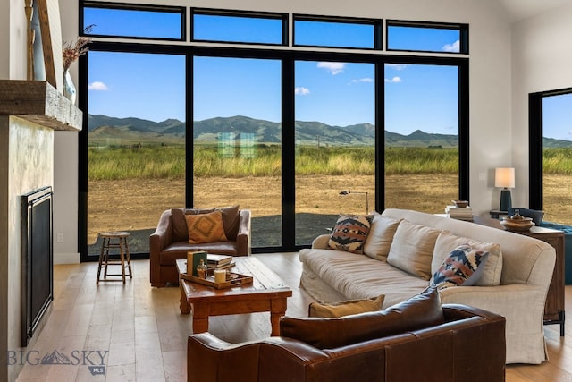 120 Horseshoe Loop, Harrison, MT 59735 - living area with a mountain view, light wood finished floors, a glass covered fireplace, and a rural view
