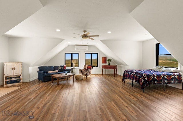 120 Horseshoe Loop, Harrison, MT 59735 - bedroom with a wall mounted AC, hardwood / wood-style floors, vaulted ceiling, recessed lighting, and ceiling fan