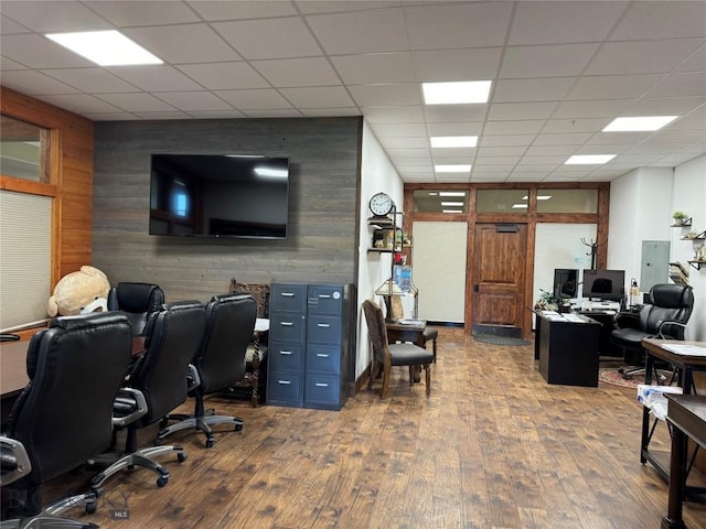 33 Lone Peak Dr Unit 202, Big Sky, MT 59716 - office featuring hardwood / wood-style floors, wood walls, electric panel, and a paneled ceiling