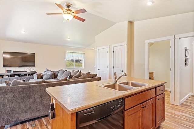 160 Tail Feather Ln Unit D, Bozeman, MT 59718 - kitchen with dishwasher, open floor plan, a ceiling fan, vaulted ceiling, and light wood finished floors
