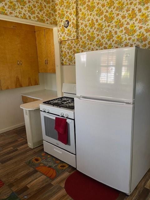 619 Daly St W, Walkerville, MT 59701 - kitchen with white appliances, wallpapered walls, dark wood finished floors, light countertops, and a wainscoted wall