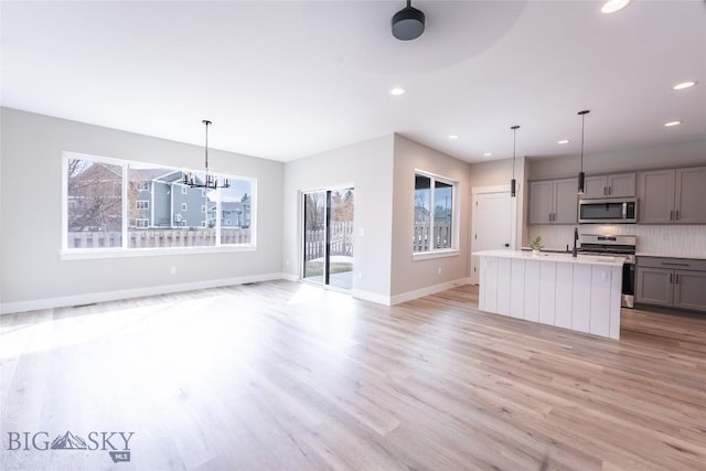 740 Rogers Way Unit B, Bozeman, MT 59718 - kitchen featuring appliances with stainless steel finishes, gray cabinets, light wood finished floors, recessed lighting, and open floor plan