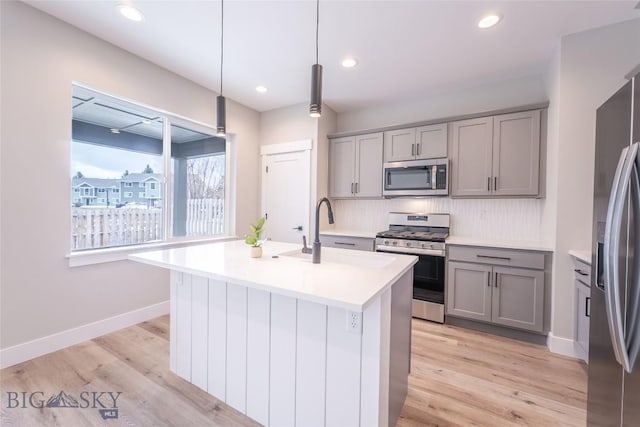 740 Rogers Way Unit B, Bozeman, MT 59718 - kitchen with appliances with stainless steel finishes, gray cabinets, light countertops, tasteful backsplash, and recessed lighting