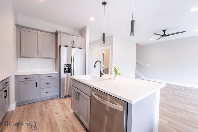 740 Rogers Way Unit B, Bozeman, MT 59718 - kitchen featuring stainless steel appliances, gray cabinetry, light wood-style floors, light countertops, and pendant lighting