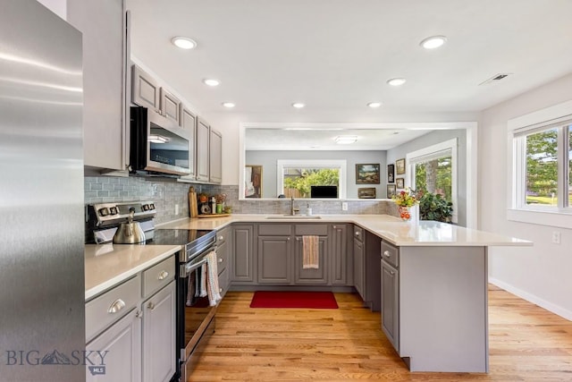 2 Harris Pl, Livingston, MT 59047 - kitchen with stainless steel appliances, gray cabinetry, a peninsula, light wood finished floors, and backsplash