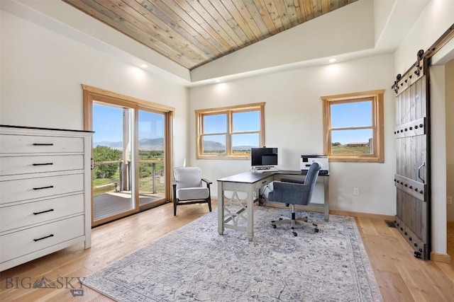 915 Point Of Rocks Rd, Whitehall, MT 59759 - office space with vaulted ceiling, wood ceiling, a barn door, light wood-type flooring, and recessed lighting
