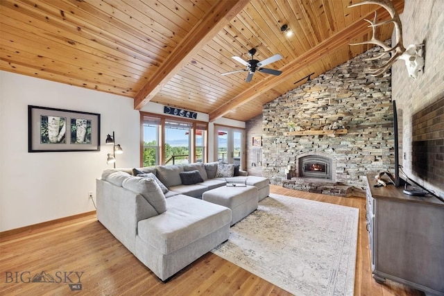 915 Point Of Rocks Rd, Whitehall, MT 59759 - living room with a wood ceiling with exposed beams, a fireplace, wood finished floors, a ceiling fan, and high vaulted ceiling