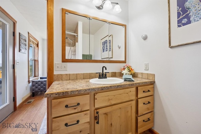 915 Point Of Rocks Rd, Whitehall, MT 59759 - bathroom featuring vanity, wood finished floors, and a shower