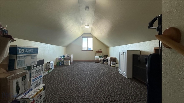 129 E Tobiano Trl, Belgrade, MT 59714 - bonus room featuring dark carpet, lofted ceiling, and a textured wall
