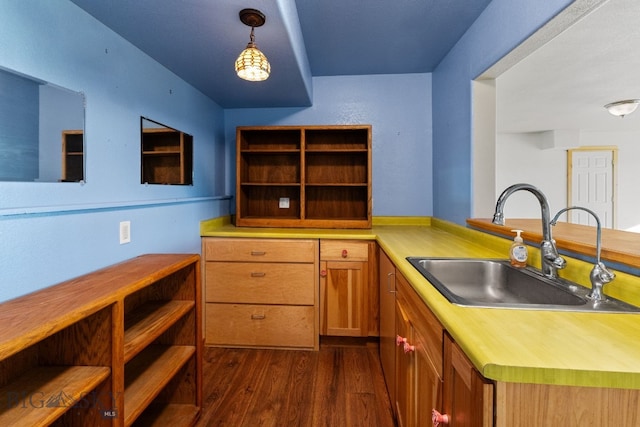 74 W Clara Ct, Bozeman, MT 59718 - kitchen featuring dark wood-style flooring, open shelves, hanging light fixtures, light countertops, and a peninsula