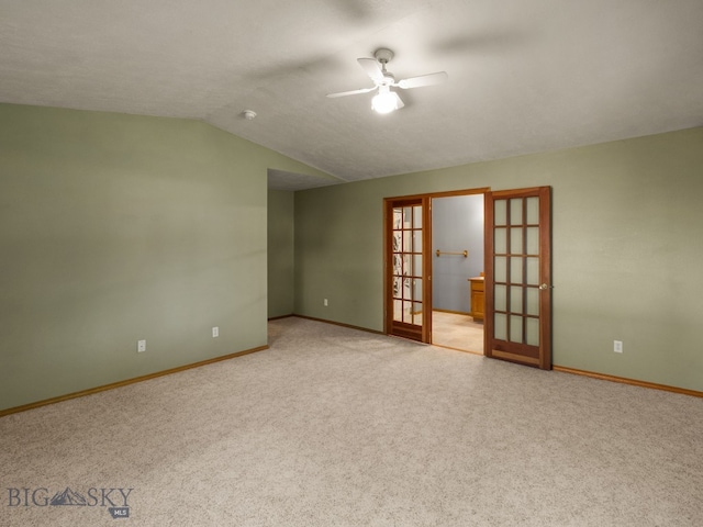 3455 W Cascade, Bozeman, MT 59718 - unfurnished room with french doors, ceiling fan, vaulted ceiling, and light colored carpet