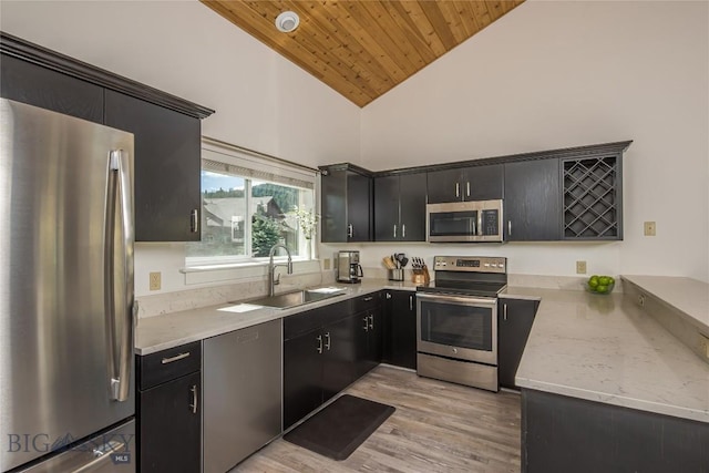 344 Candlelight Meadow Dr, Big Sky, MT 59716 - kitchen with stainless steel appliances, dark cabinetry, high vaulted ceiling, wood ceiling, and light wood-type flooring