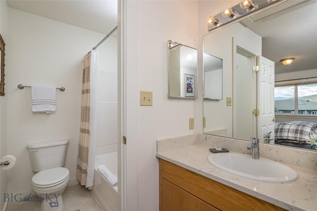 344 Candlelight Meadow Dr, Big Sky, MT 59716 - bathroom featuring vanity, tile patterned flooring, shower / bath combination with curtain, and a textured ceiling
