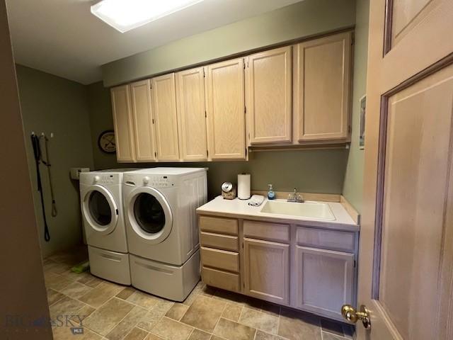 3 Gallatin Unit B, Bozeman, MT 59718 - laundry area featuring cabinet space, washer and clothes dryer, and stone finish flooring